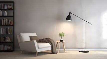 Minimalist reading corner with a single lounge chair, a floor lamp, and a wall-mounted bookshelf