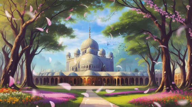 Beautiful mosque building with nature landscape in the morning with cherry trees. watercolor digital painting illustration style. Seamless Animation 4K Video Background.