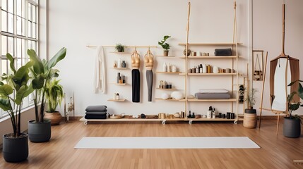 Minimalist spoty studio with bamboo flooring, neutral hues, and a curated display of yoga props