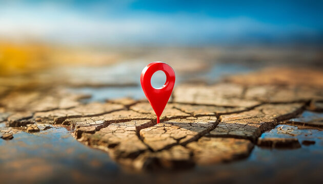 &Iacute;cone pin em 3D realista indicando lugar em uma terra seca devastada.