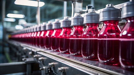 Automatic line for packaging juices in glass containers, food industry - obrazy, fototapety, plakaty