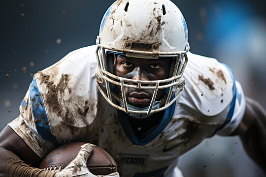Muddy football player in action with intense focus
