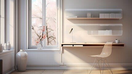 Minimalist study room with a floating desk, acrylic chair, and a focus on natural light