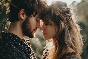 Portrait of a young couple in love outdoors. Man and woman in love. - obrazy, fototapety, plakaty