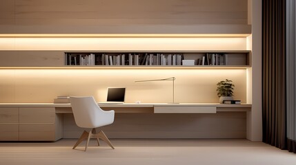 Minimalist study room with a wall-mounted desk, built-in storage, and indirect lighting