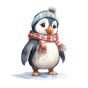 recommend clip art: Puffin Wearing Winter Clothes For Christmas Event. Watercolor Style. AI Generated