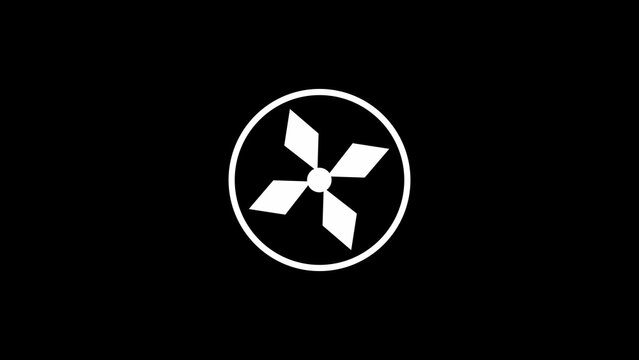 Minimalist black background with a white circular symbol resembling a fan or propeller.