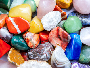 Semi-precious multi-colored stones, minerals close-up. Mineralogy. Collection of minerals.