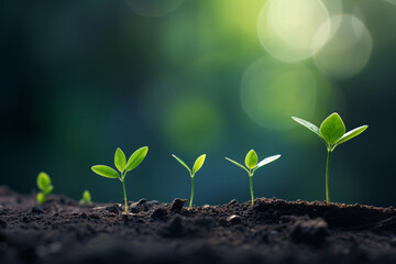 Small green seedlings in soil with soft green background and bokeh
