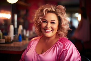 Radiant 40s Woman in Pink: Bar Portrait