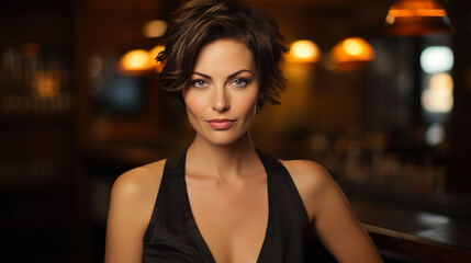Alluring Woman in 40s, Short Hair, Glamorous Bar Scene