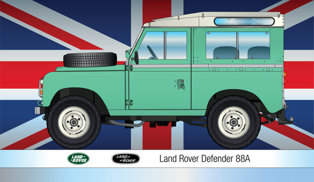 United Kingdom, year 1971, Land Rover Defender 88A, vintage classic off-road car, coloured silhouette vector illustration on the british flag on background