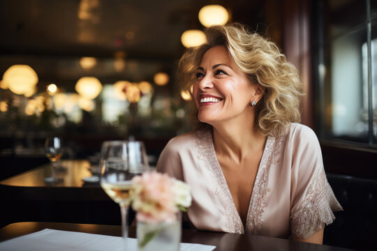 Charming Straight-Haired Lady at Upscale Dining Venue