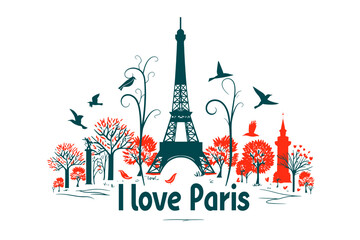 I love Paris: eiffel tower silhouette with trees and birds