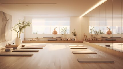 Minimalist yoga studio with spoty-themed wall decals, sleek bamboo flooring, and a serene atmosphere