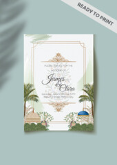 watercolor and leaves on wedding invitation card template, Wedding Invitation Template Layout With Indian Couple, wedding decorative colorful, peacocks, and tropical trees.