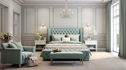 Modern classic bedroom with a tufted headboard, muted color palette, and elegant furnishings