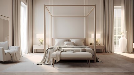 Modern classic bedroom with minimalist furnishings, a canopy bed, and subdued color palette