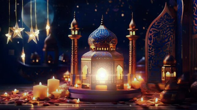 ramadan decoration with arabic mosque-shaped lantern and candle in the night. Seamless Animation 4K Video Background.