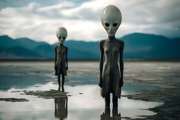 Aliens, extra terrestres ayant  débarqué sur la terre - obrazy, fototapety, plakaty