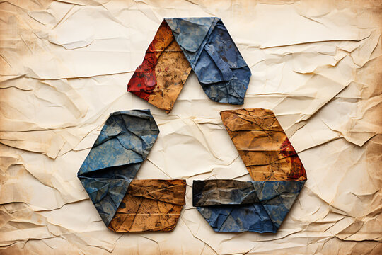 Recycle symbol made from multicolored crumpled paper on textured background