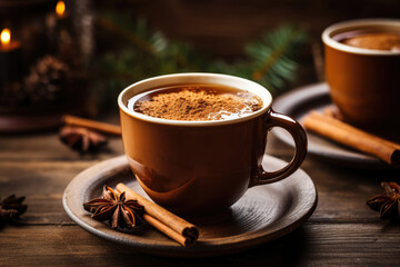 Cup of tea with spices on a wooden table