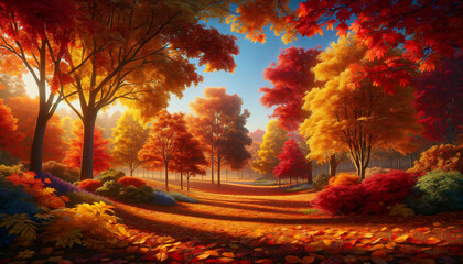 Naklejka na ściany i meble A highly realistic depiction of an autumn scene. The image should showcase a landscape rich in autumn colors - deep reds, vibrant oranges, and golden. Created by using generative AI tools