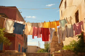 Clothes drying after washing on a line in the city