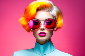 Portrait d'une jeune femme blonde avec des lunette roses - obrazy, fototapety, plakaty