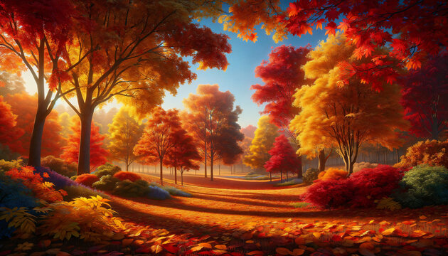 A highly realistic depiction of an autumn scene. The image should showcase a landscape rich in autumn colors - deep reds, vibrant oranges, and golden. Created by using generative AI tools