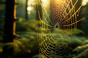 Dew drops on the spider cobweb close-up