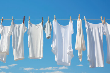 Snow white clothes shrink after washing on a clothesline against a blue sky