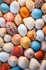 Colorful pebbles sea stones and shells on a beach background, wallpaper