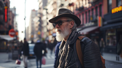 Senior grey-haired man smiling happy standing at the city.