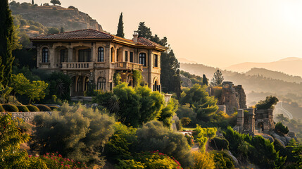 An opulent villa in Cyprus, with a backdrop of ancient ruins, during a serene dawn - obrazy, fototapety, plakaty