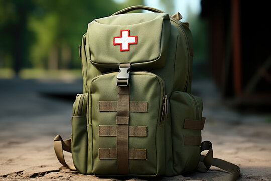 Army first aid kit with red cross, military paramedic backpack