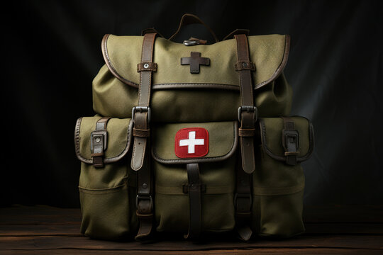 Army first aid kit with red cross, military paramedic backpack