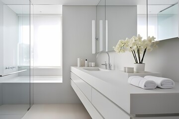 Fototapeta na wymiar Modern classic minimalist bathroom with sleek fixtures, clean lines, and a soothing color palette