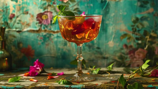 different cocktail drinks with floral wallpaper backgrounds