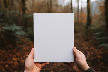 Person holding a white square board in a forest environment - obrazy, fototapety, plakaty