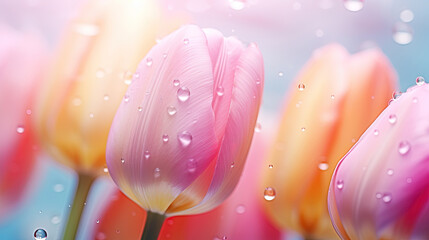 Close-Up of Colorful Tulip Flowers Adorned with Glistening Water Droplets. Ideal Background for Elegance and Freshness