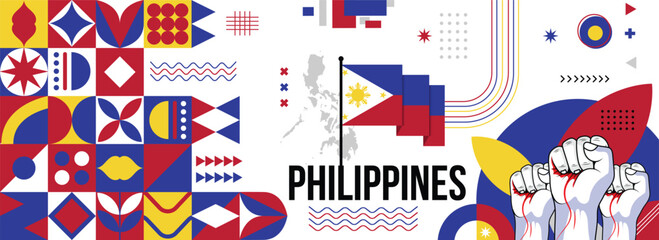 Philippines national or independence day banner for country celebration. Flag and map of Filipino with raised fists. Modern retro design with typorgaphy abstract geometric icons. Vector illustration