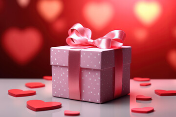Pink Gift Box with Red Ribbon on Table.Perfect for Valentine's Day Celebrations