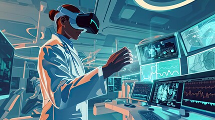 Medic in virtual glasses in medical laboratory