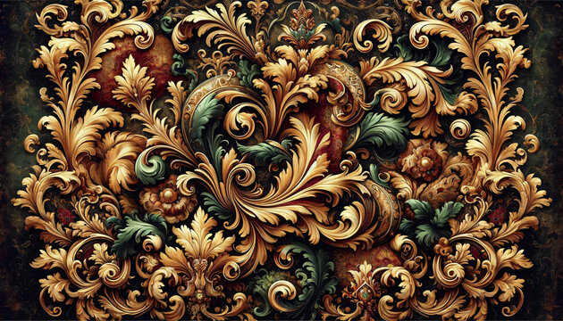A rich, Baroque-style texture, featuring intricate patterns and designs reminiscent of 17th-century European art. Created by using generative AI tools