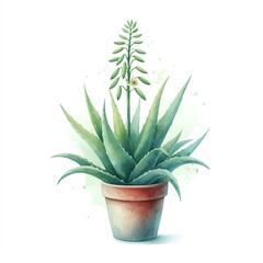 watercolor simply aloe plant in pot isolated on white background