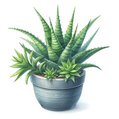 watercolor simply aloe plant in pot isolated on white background
