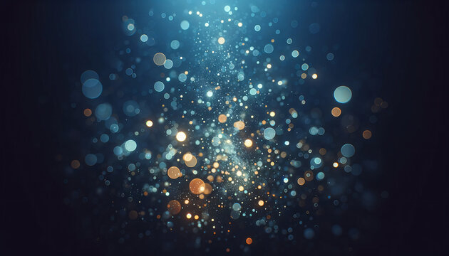 An abstract image showcasing particle bokeh effects against a dark blue background. The composition should include numerous particles of varying. Created by using generative AI tools