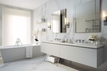 Fototapeta na wymiar Modern classic minimalist bathroom with sleek fixtures, clean lines, and a soothing color palette