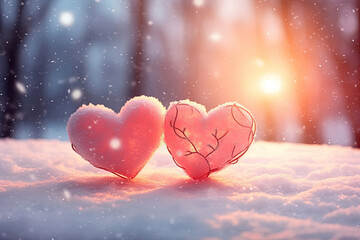 Two Pink Hearts Made with Snow on Winter Landscape Sunset Background. Perfect for Valentine's Day, New Year, Christmas, Birthday Celebrations